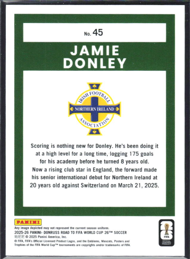 Jamie Donley 2025-26 Donruss Road to FIFA WC Optic RC #45 – baksida
