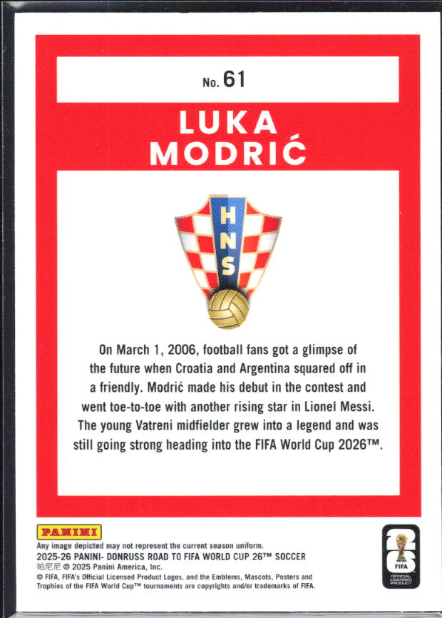 Luka Modrić 2025-26 Donruss Road to FIFA WC Optic #61 – baksida