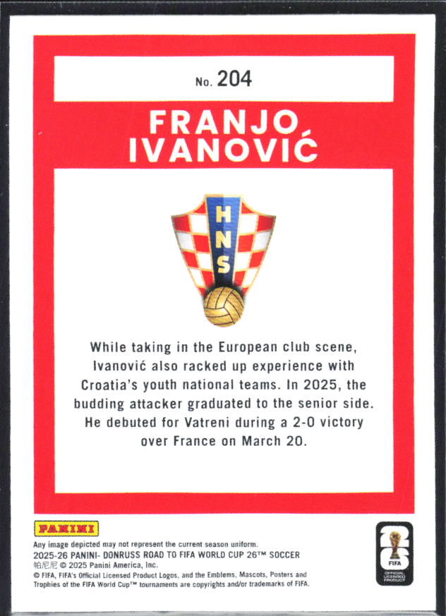 Franjo Ivanović 2025-26 Donruss Road to FIFA WC Rated Rookie #204 – baksida