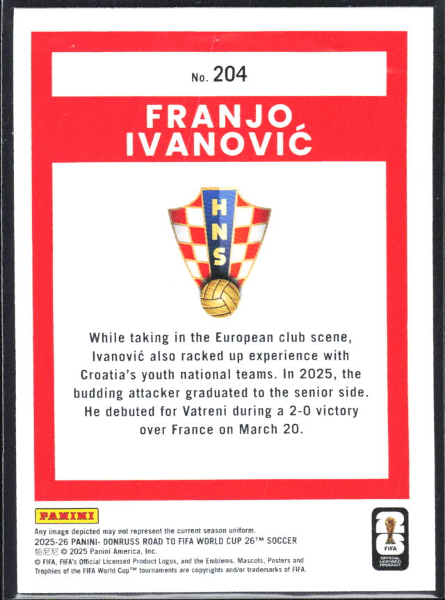 Franjo Ivanović 2025-26 Donruss Road to FIFA WC Rated Rookie #204 – baksida