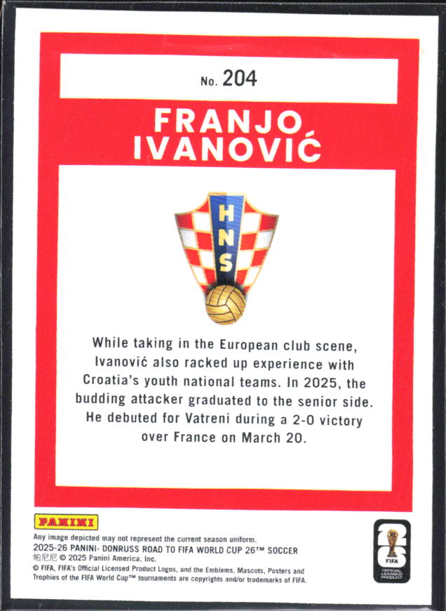 Franjo Ivanović 2025-26 Donruss Road to FIFA WC Rated Rookie #204 – baksida