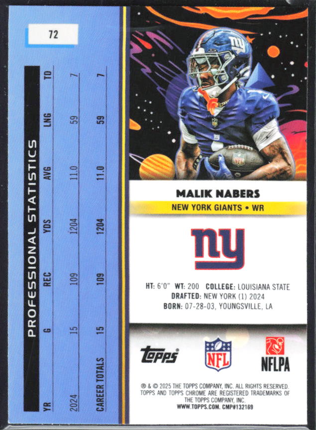 Malik Nabers 2025 Cosmic Chrome #72 – baksida