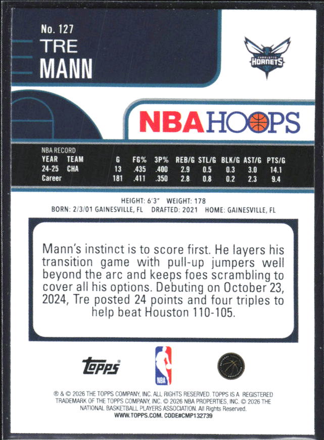 Tre Mann 2025-26 NBA Hoops #127 – baksida
