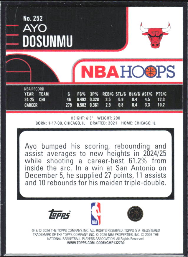 Ayo Dosunmu 2025-26 NBA Hoops #252 – baksida