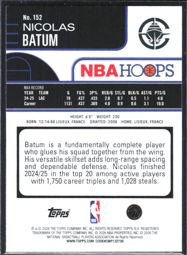 Nicolas Batum 2025-26 NBA Hoops #152 – baksida
