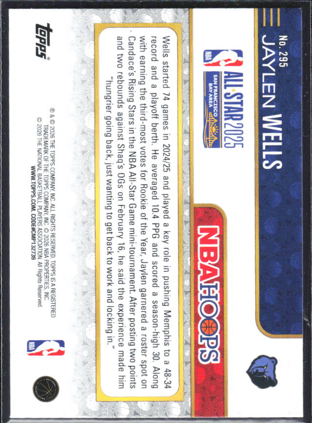 Jaylen Wells 2025-26 NBA Hoops All-Star 2025 #295 – baksida