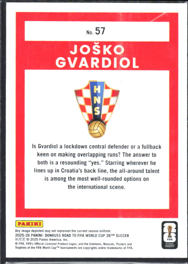 Joško Gvardiol 2025-26 Donruss Road to FIFA WC #57 – baksida