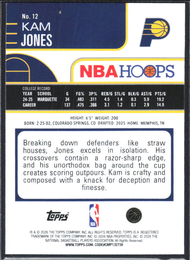 Kam Jones 2025-26 NBA Hoops RC #12 – baksida