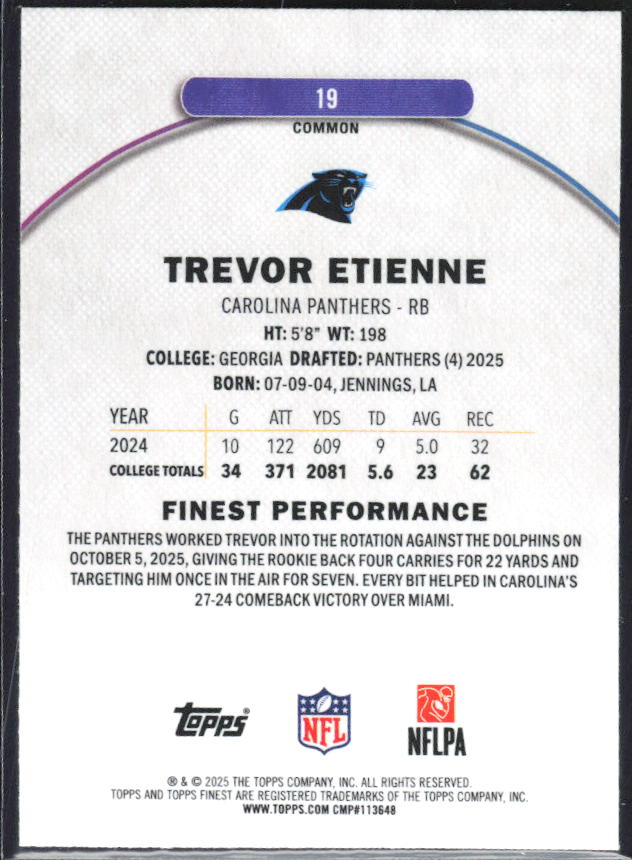 Trevor Etienne 2025 Finest Common RC #19 – baksida