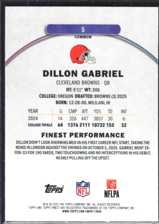 Dillon Gabriel 2025 Finest Common RC #5 – baksida