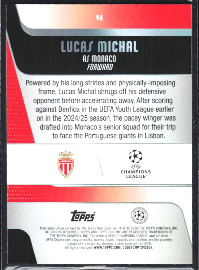 Lucas Michal 2025-26 Chrome UEFA RC #94 – baksida