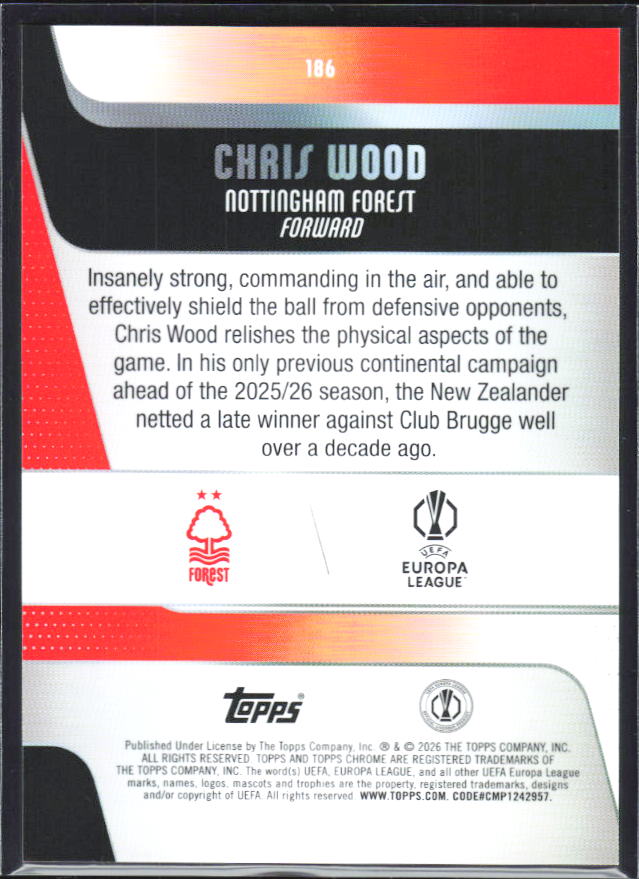 Chris Wood 2025-26 Chrome UEFA #186 – baksida
