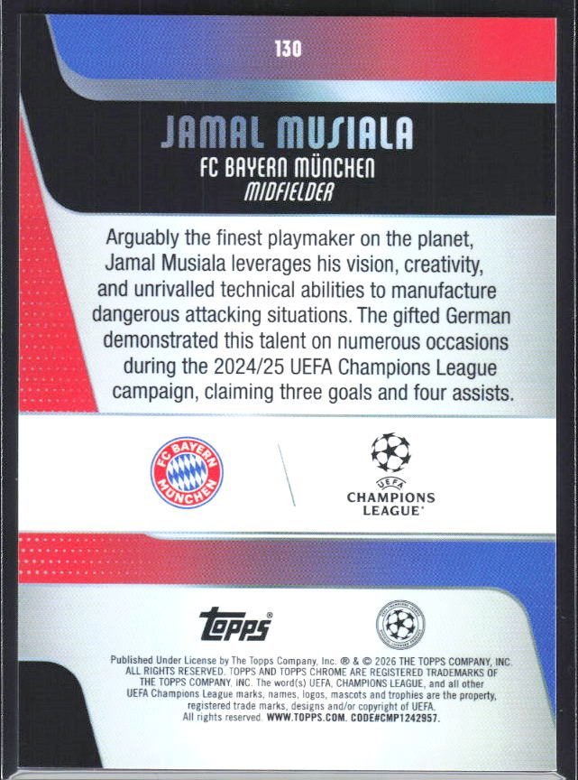 Jamal Musiala 2025-26 Chrome UEFA #130 – baksida