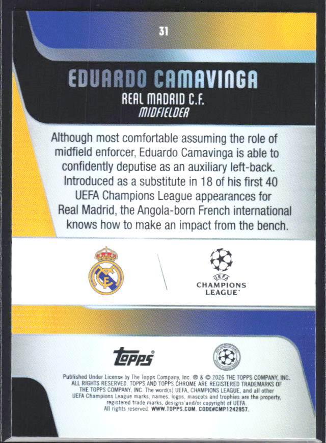Eduardo Camavinga 2025-26 Chrome UEFA #31 – baksida