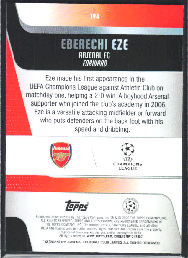 Eberechi Eze 2025-26 Chrome UEFA #194 – baksida