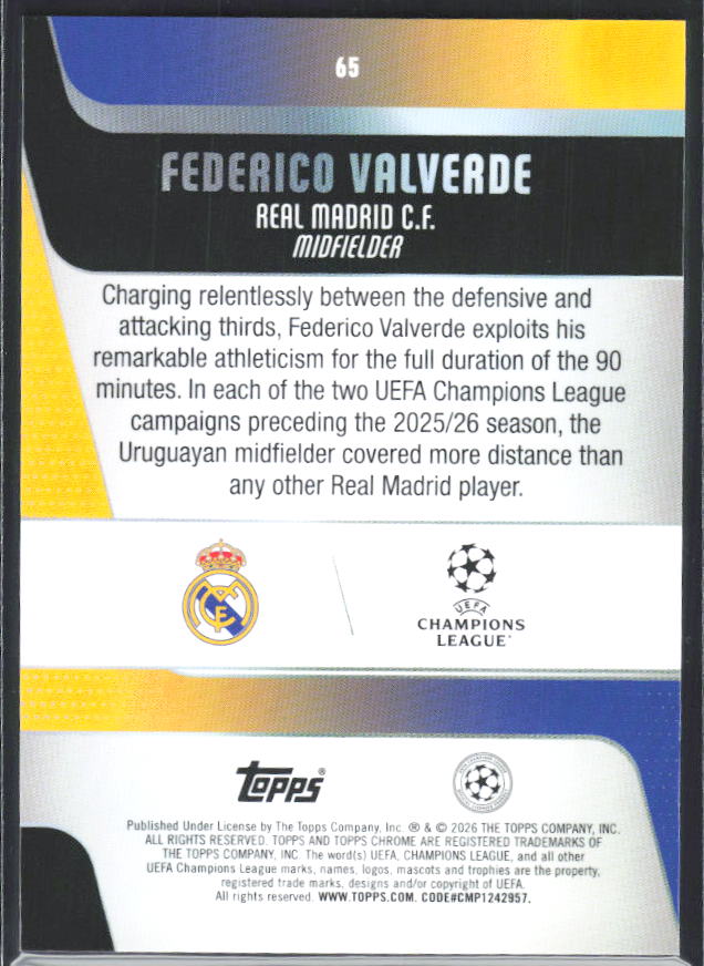 Federico Valverde 2025-26 Chrome UEFA #65 – baksida