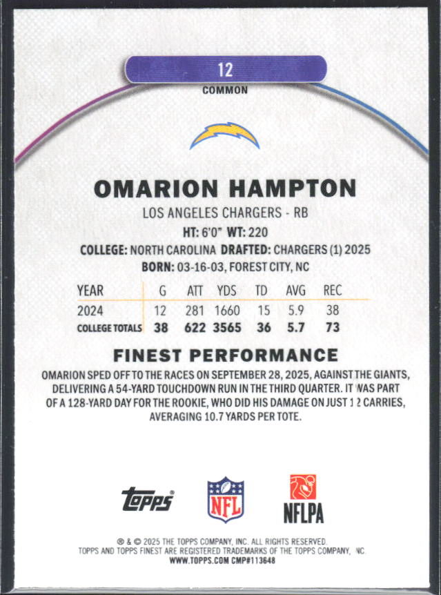 Omarion Hampton 2025 Finest Common RC #12 – baksida