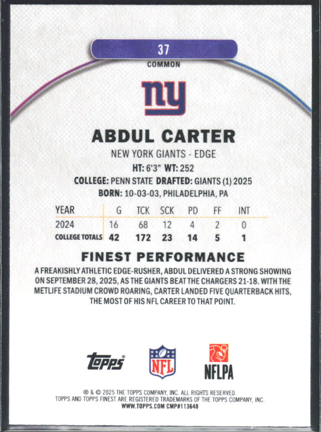 Abdul Carter 2025 Finest Common RC #37 – baksida
