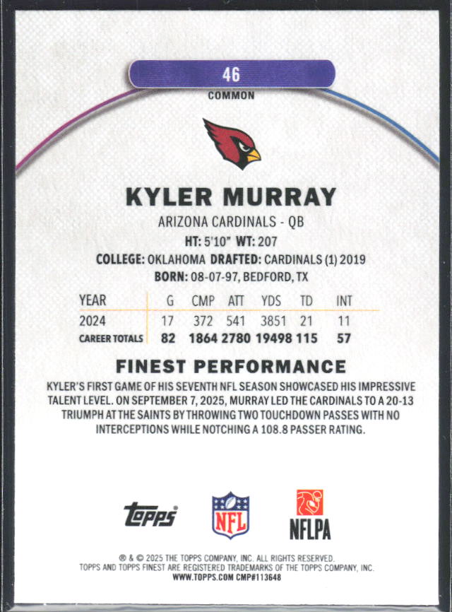 Kyler Murray 2025 Finest Common #46 – baksida