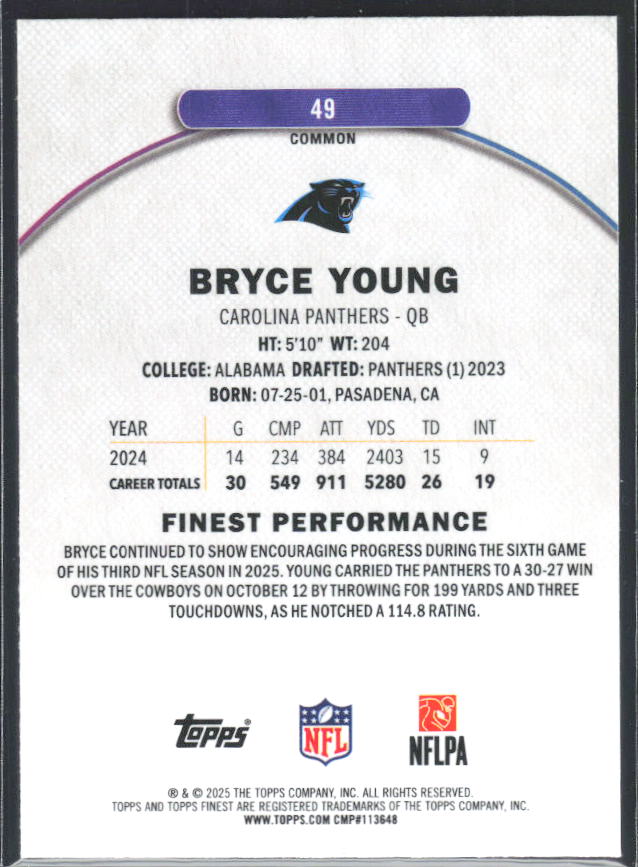 Bryce Young 2025 Finest Common #49 – baksida