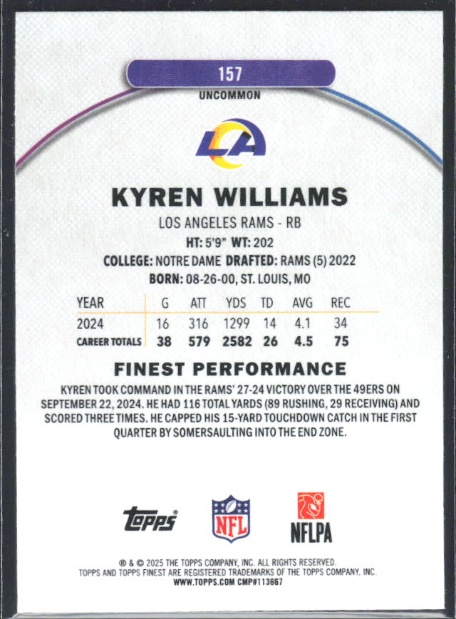 Kyren Williams 2025 Finest Uncommon #157 – baksida