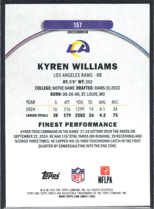 Kyren Williams 2025 Finest Uncommon #157 – baksida