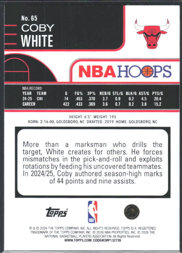 Coby White 2025-26 NBA Hoops #65 – baksida