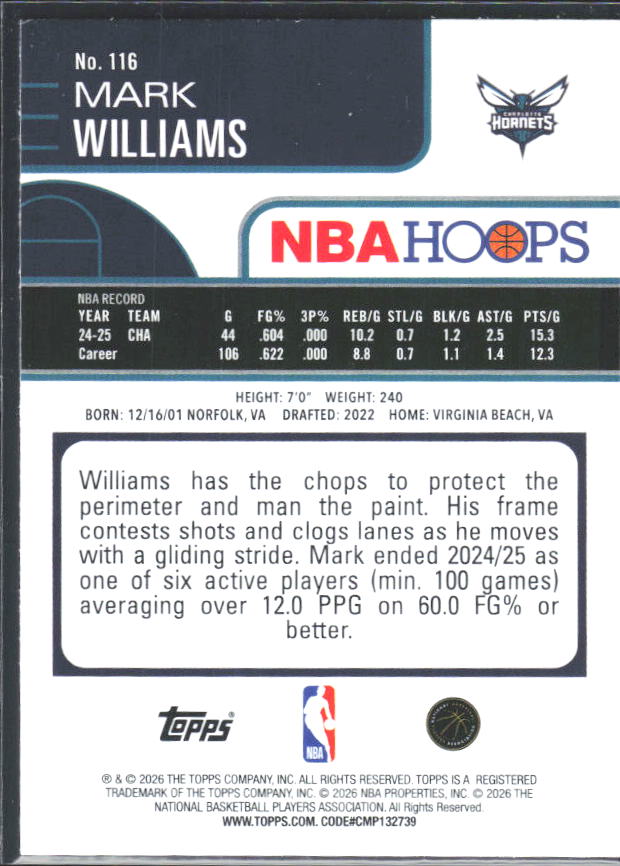 Mark Williams 2025-26 NBA Hoops #116 – baksida