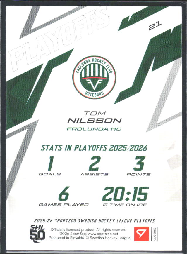 Tom Nilsson 2025-26 SHL Playoffs #21 – baksida