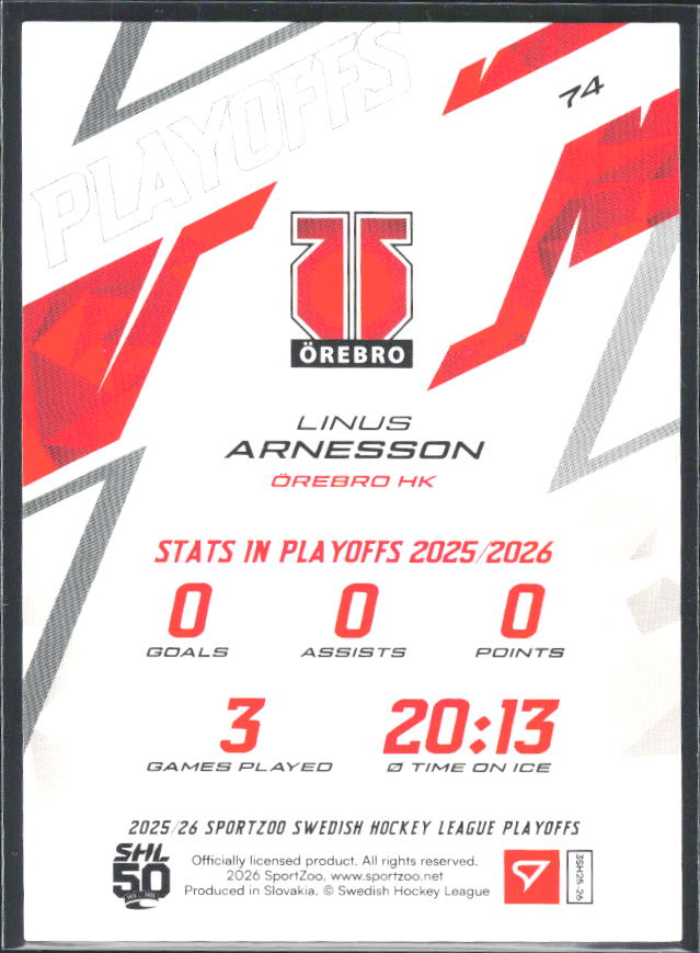 Linus Arnesson 2025-26 SHL Playoffs #74 – baksida