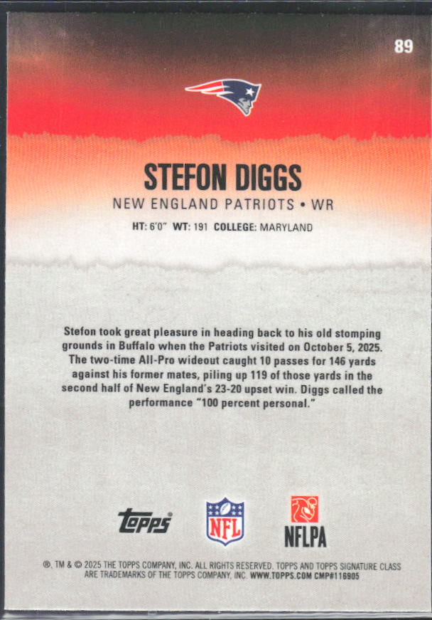 Stefon Diggs 2025 Signature Class #89 – baksida