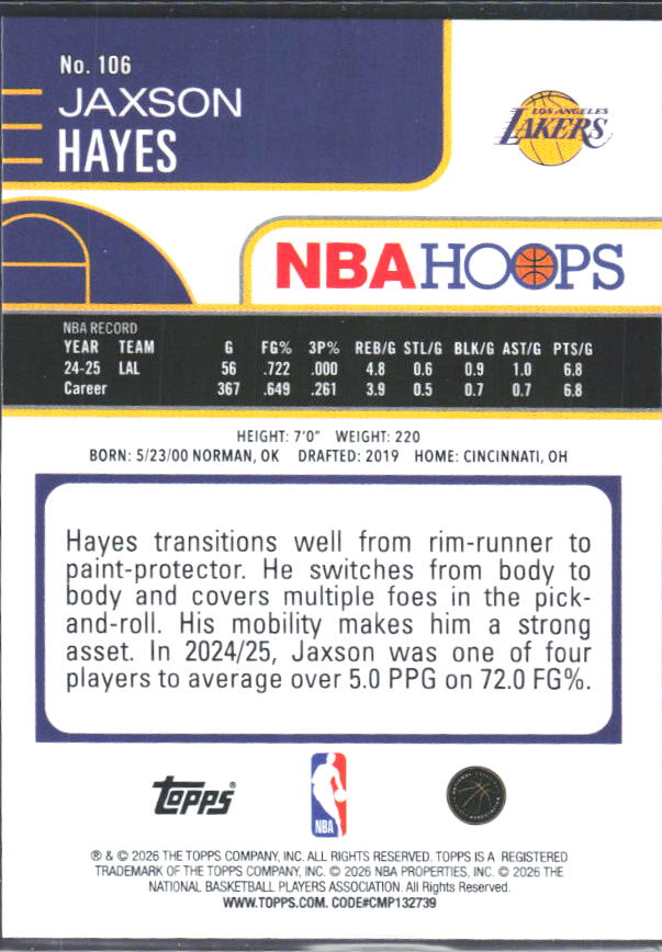 Jaxson Hayes 2025-26 NBA Hoops #106 – baksida