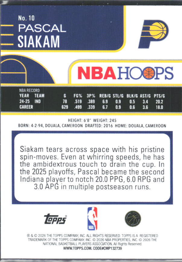 Pascal Siakam 2025-26 NBA Hoops #10 – baksida
