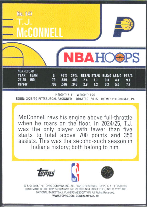 T.J. McConnell 2025-26 NBA Hoops #147 – baksida