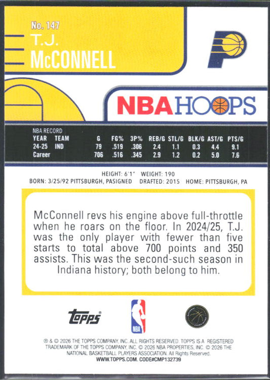 T.J. McConnell 2025-26 NBA Hoops #147 – baksida