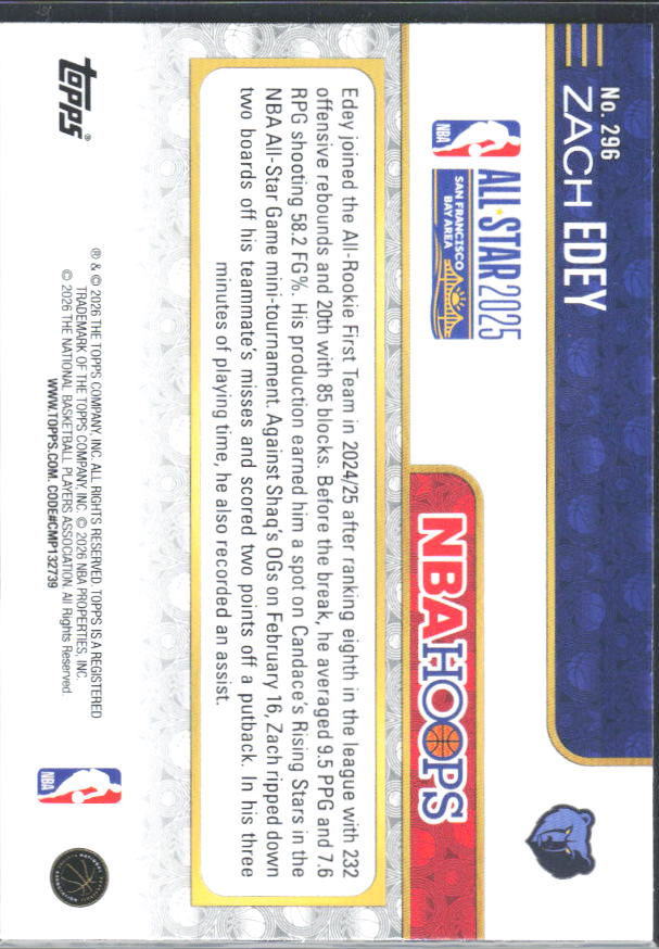 Zach Edey 2025-26 NBA Hoops All-Star 2025 #296 – baksida