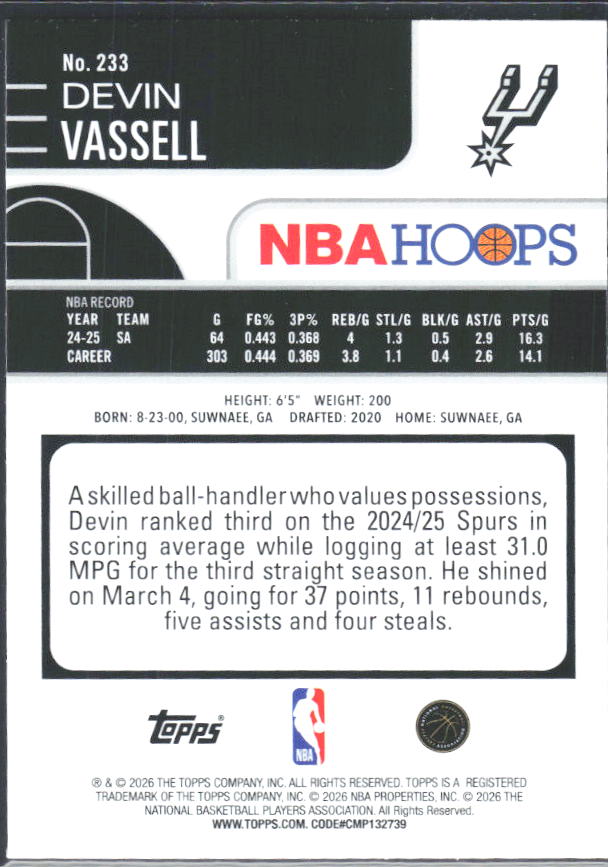 Devin Vassell 2025-26 NBA Hoops #233 – baksida