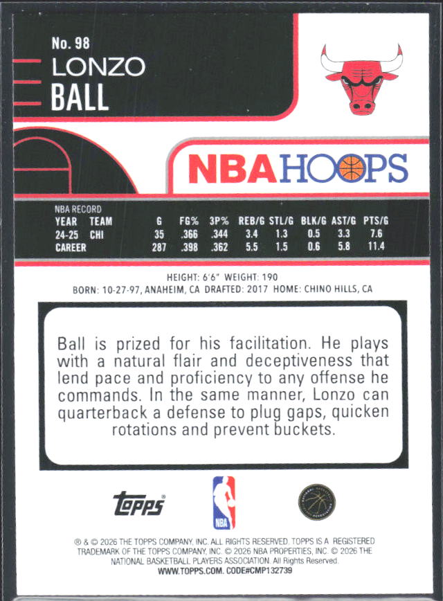 Lonzo Ball 2025-26 NBA Hoops #98 – baksida