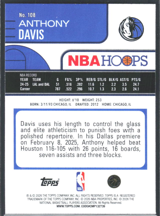 Anthony Davis 2025-26 NBA Hoops #108 – baksida
