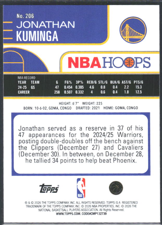 Jonathan Kuminga 2025-26 NBA Hoops #206 – baksida