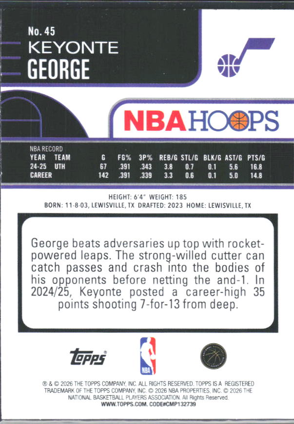 Keyonte George 2025-26 NBA Hoops #45 – baksida
