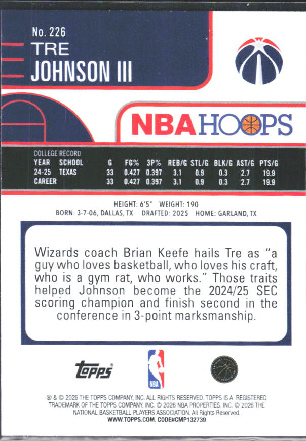 Tre Johnson III 2025-26 NBA Hoops RC #226 – baksida
