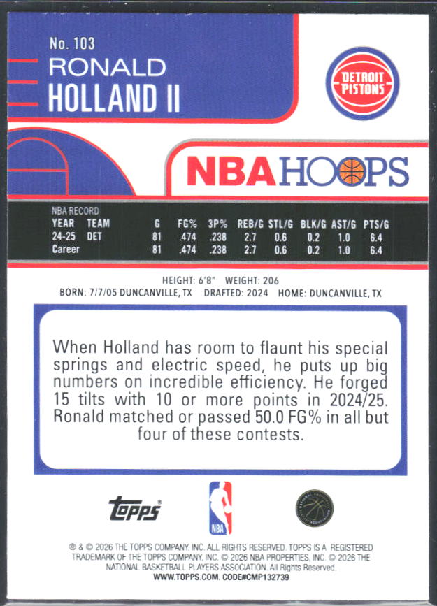 Ronald Holland II 2025-26 NBA Hoops #103 – baksida