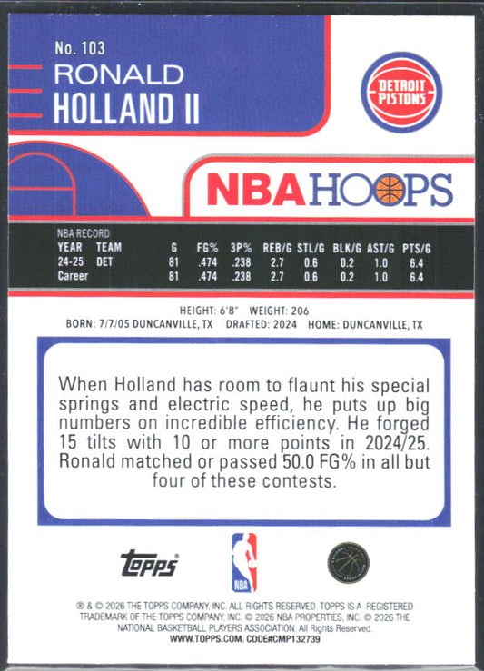 Ronald Holland II 2025-26 NBA Hoops #103 – baksida