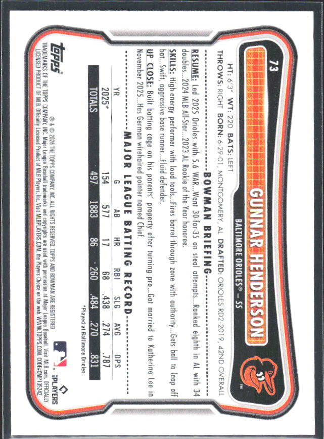 Gunnar Henderson 2026 Bowman #73 – baksida