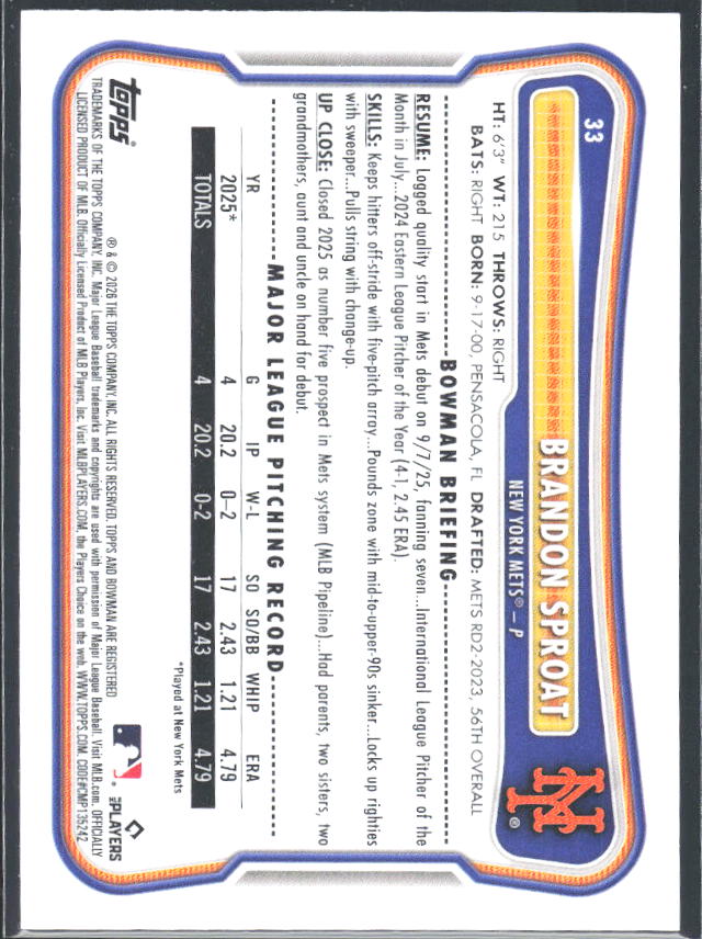 Brandon Sproat 2026 Bowman RC #33 – baksida