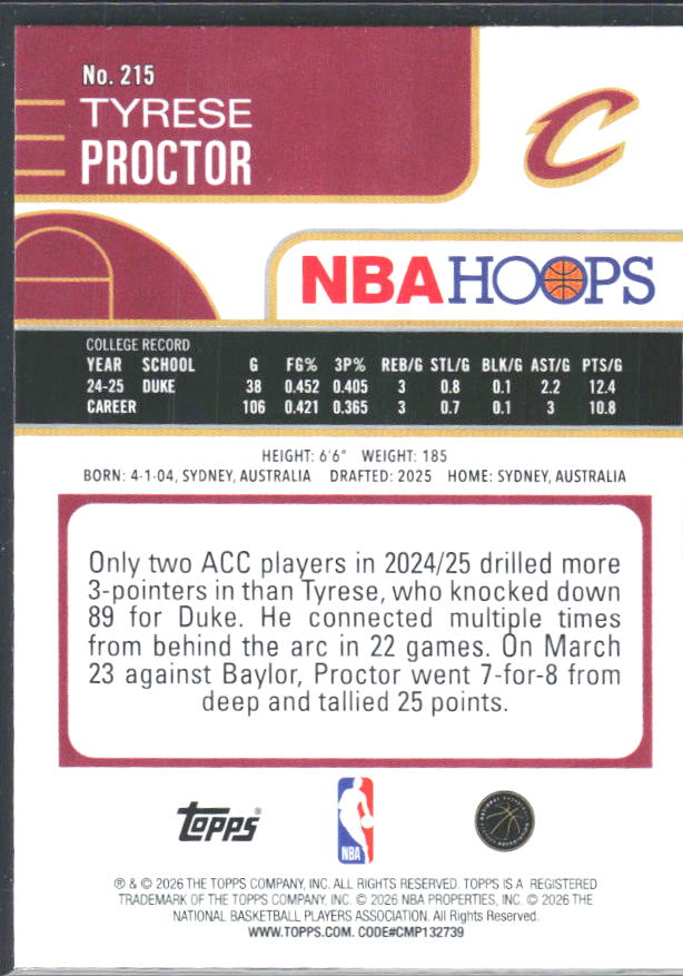 Tyrese Proctor 2025-26 NBA Hoops RC #215 – baksida