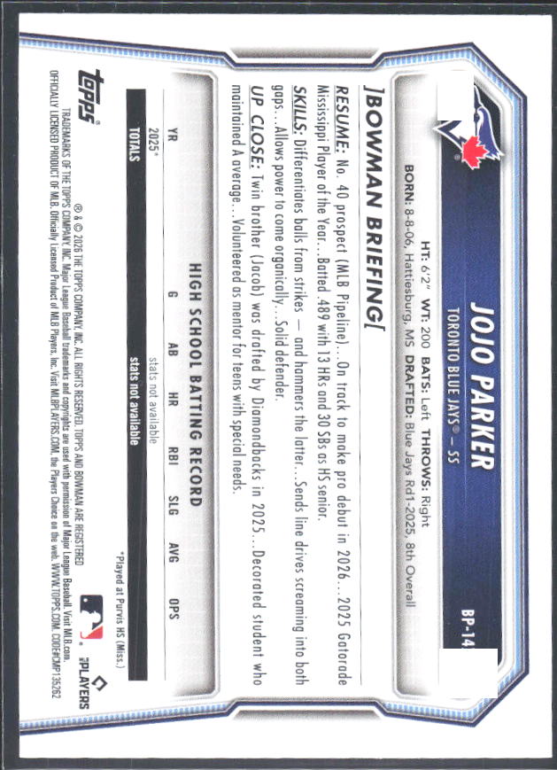 JoJo Parker 2026 Bowman Prospects #BP-147 – baksida