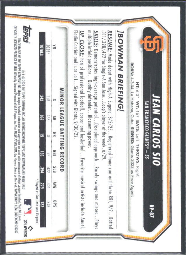 Jean Carlos Sio 2026 Bowman 1st Prospects #BP-87 – baksida
