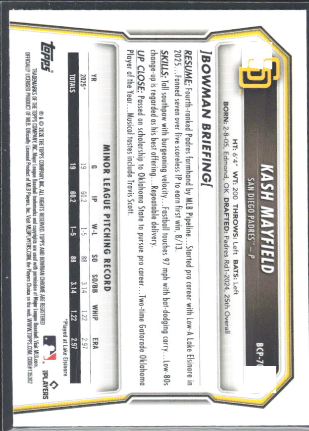 Kash Mayfield 2026 Bowman Chrome Prospects #BCP-70 – baksida